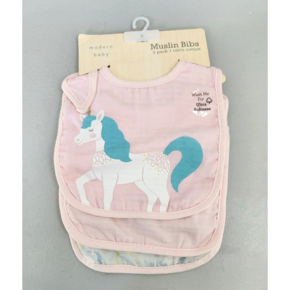 Modern Baby 3 Pack Muslin Bibs Kids OS Pink Unicorn Rainbow Cotton Lightweight